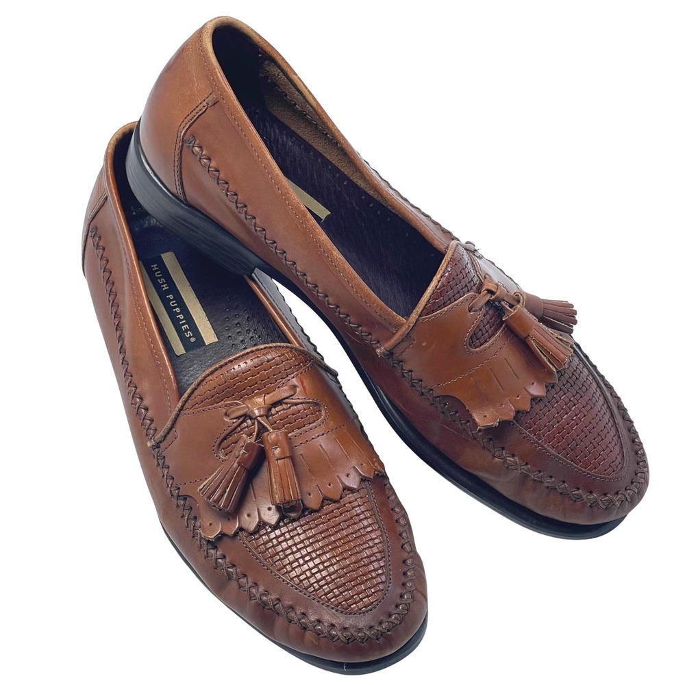 Hush Puppies Brown Leather‎ Loafers Mens Size 9M Tassels Woven Upper Dress Shoes